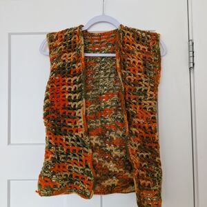 Crochet Open Vest in Orange and Green Size Small